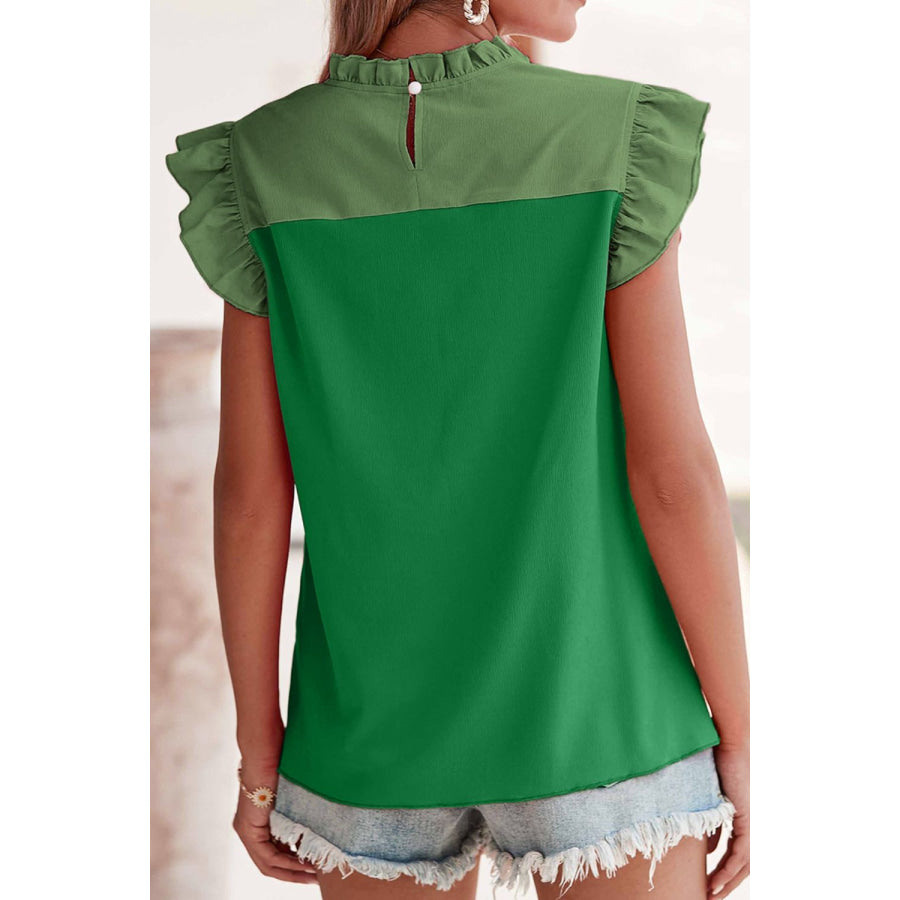 Ruffled Color Block Round Neck Cap Sleeve Blouse Apparel and Accessories