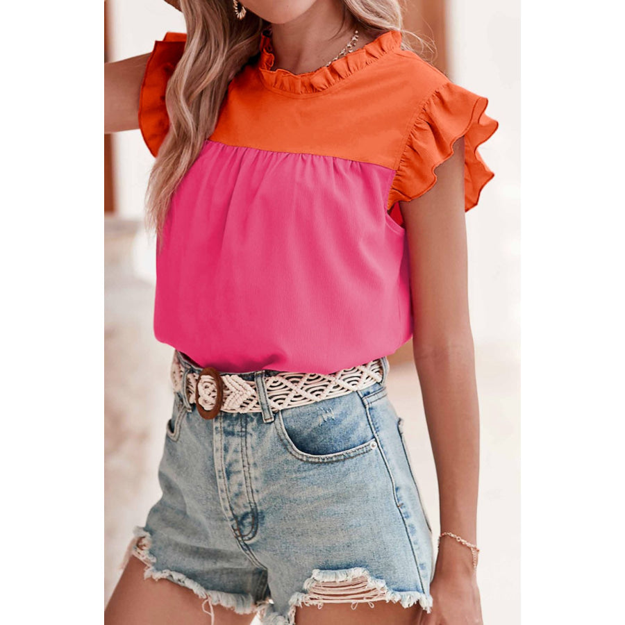Ruffled Color Block Round Neck Cap Sleeve Blouse Apparel and Accessories