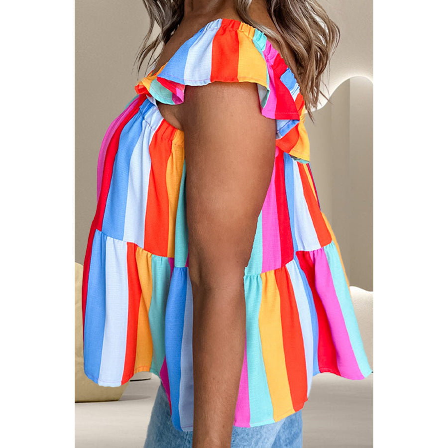 Ruffled Color Block Square Neck Top Red / S Apparel and Accessories