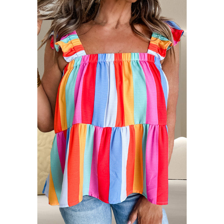 Ruffled Color Block Square Neck Top Red / S Apparel and Accessories