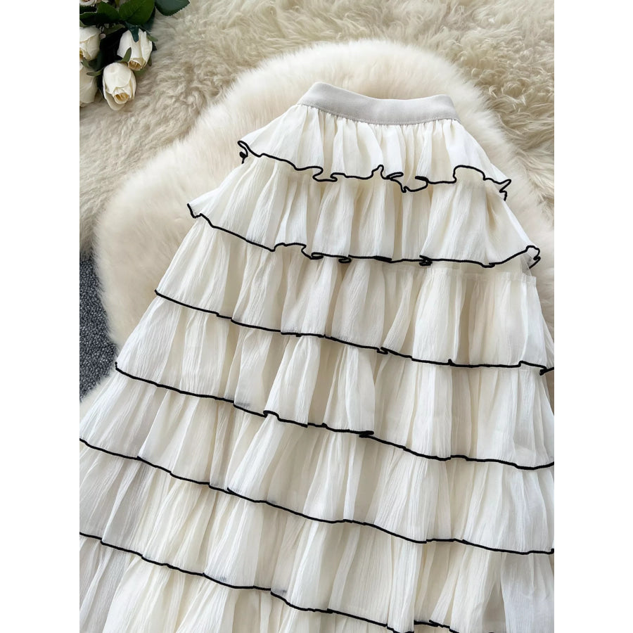 Ruffled Contrast Trim Skirt Apricot / One Size Apparel and Accessories