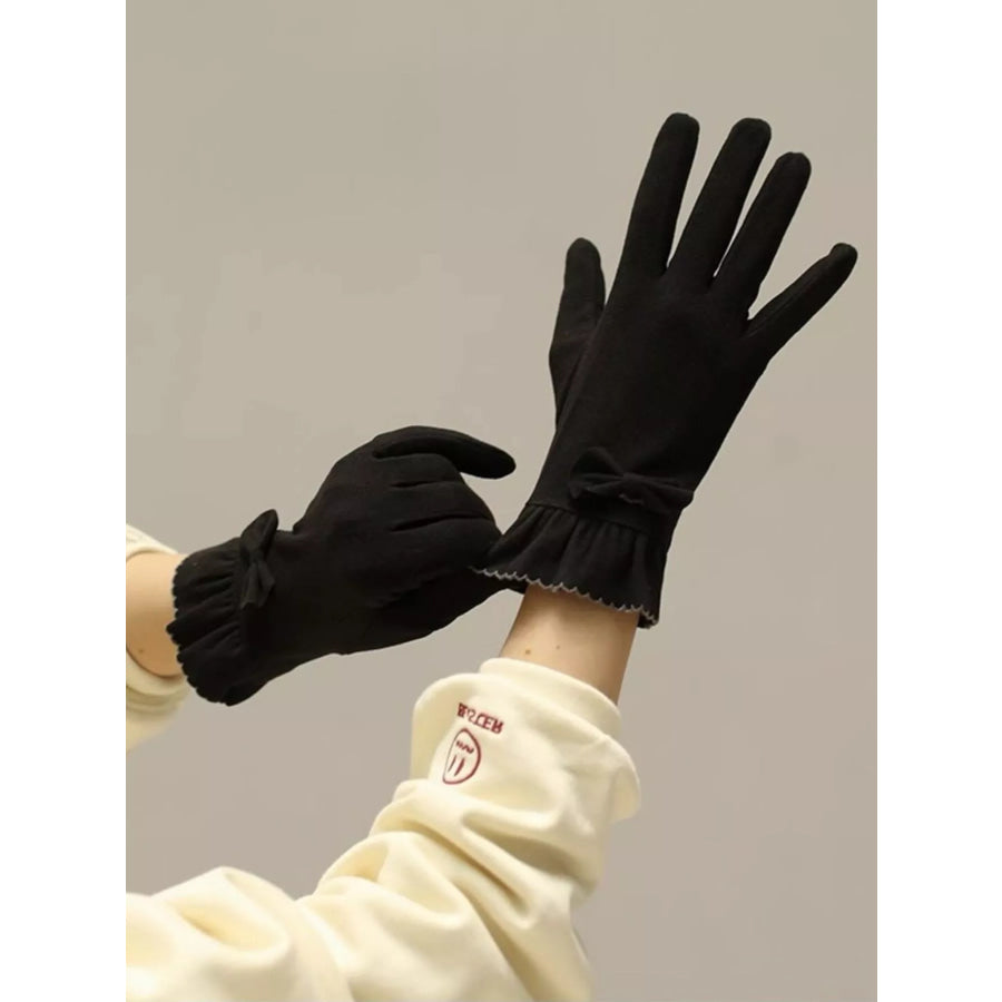 Ruffled Cuff Bow Gloves Black / ONESIZE Apparel and Accessories