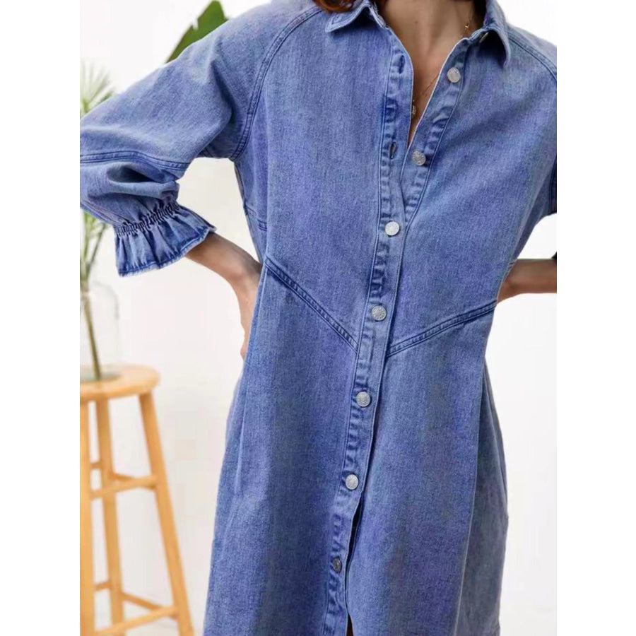 Ruffled Cuff Button-Down Denim Dress Apparel and Accessories