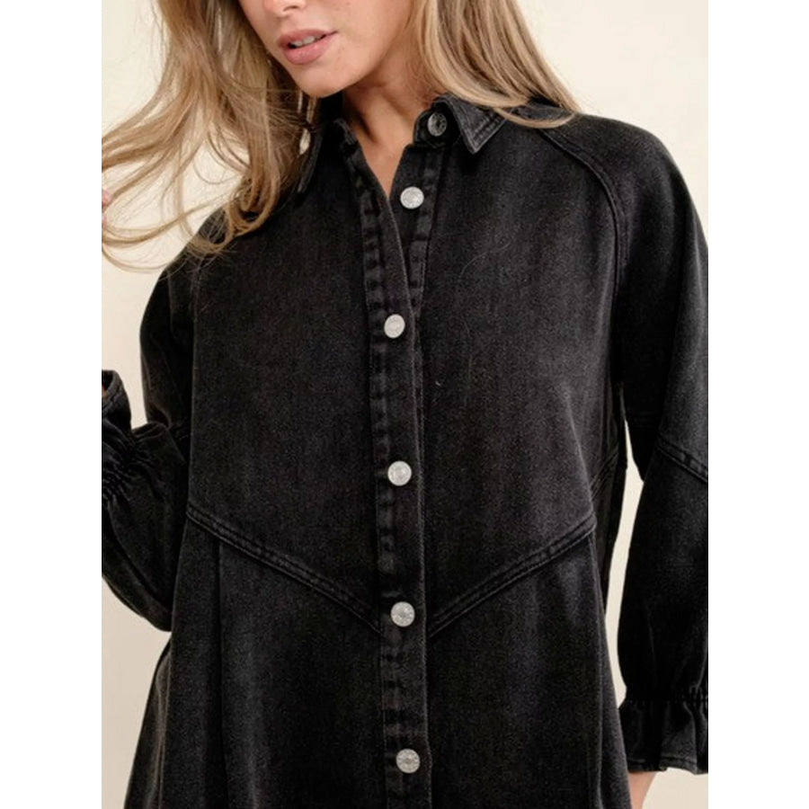 Ruffled Cuff Button-Down Denim Dress Apparel and Accessories