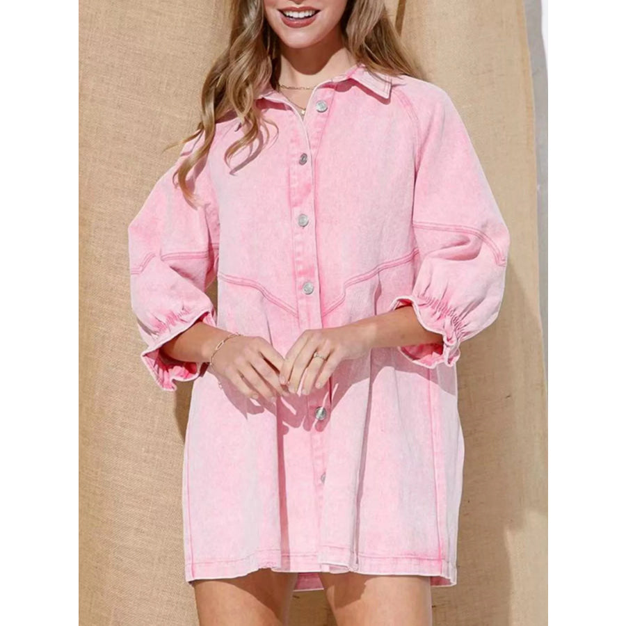 Ruffled Cuff Button-Down Denim Dress Apparel and Accessories