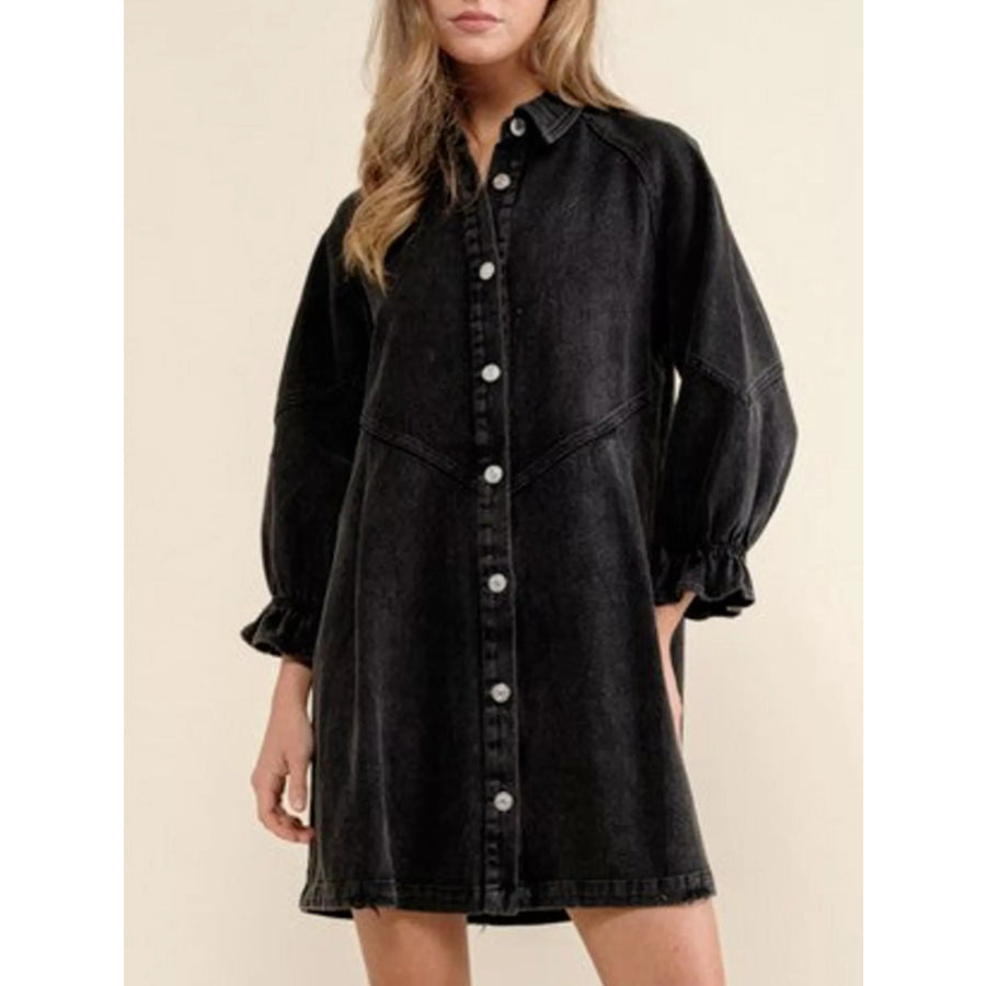 Ruffled Cuff Button-Down Denim Dress Black / S Apparel and Accessories