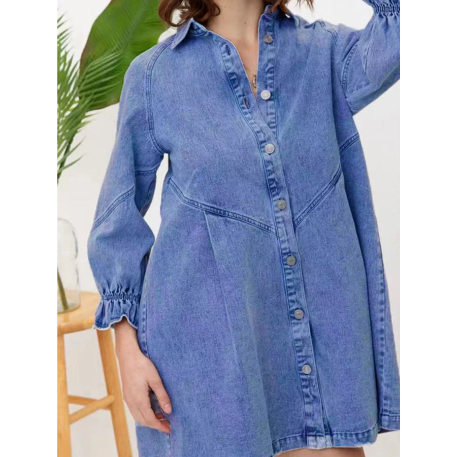 Ruffled Cuff Button-Down Denim Dress Dusty Blue / S Apparel and Accessories