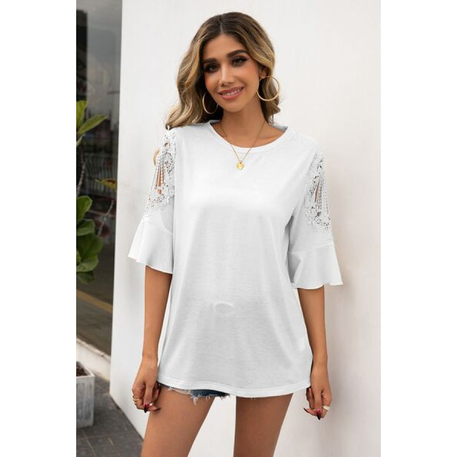 Ruffled Cutout Round Neck Half Sleeve T - Shirt White / S Apparel and Accessories