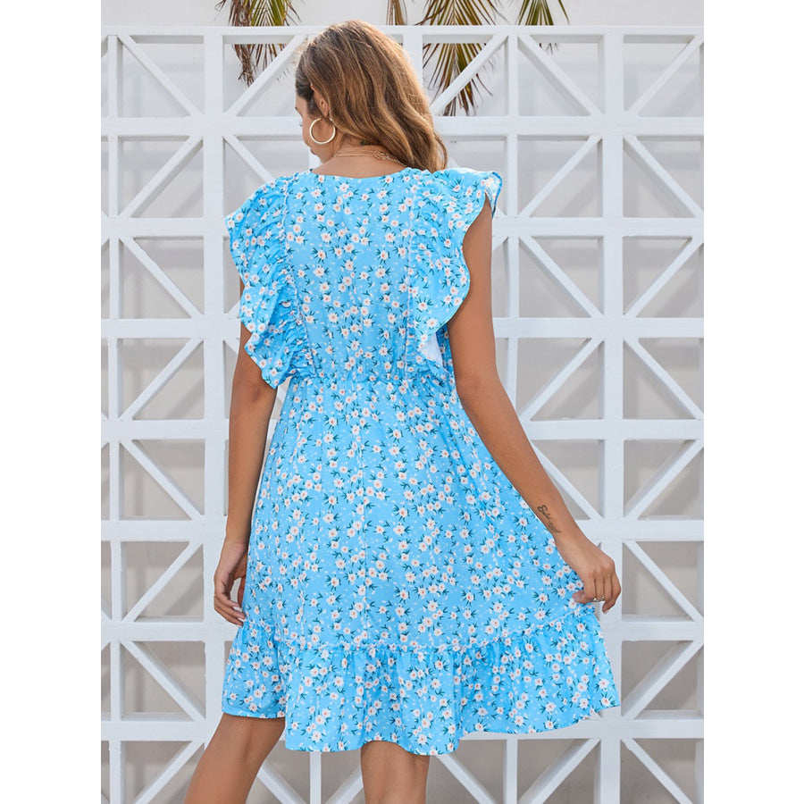 Ruffled Ditsy Floral Surplice Mini Dress Pastel Blue / S Apparel and Accessories