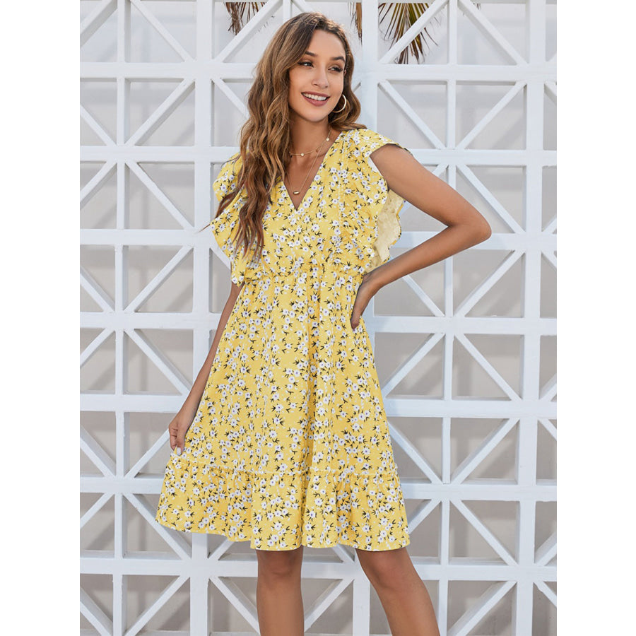 Ruffled Ditsy Floral Surplice Mini Dress Pastel Yellow / S Apparel and Accessories