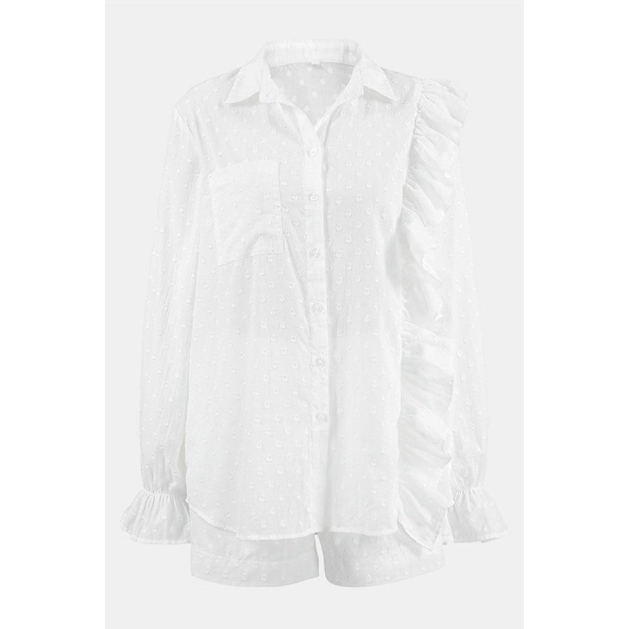 Ruffled Dot Applique Collared Neck Top and Shorts Set Apparel and Accessories