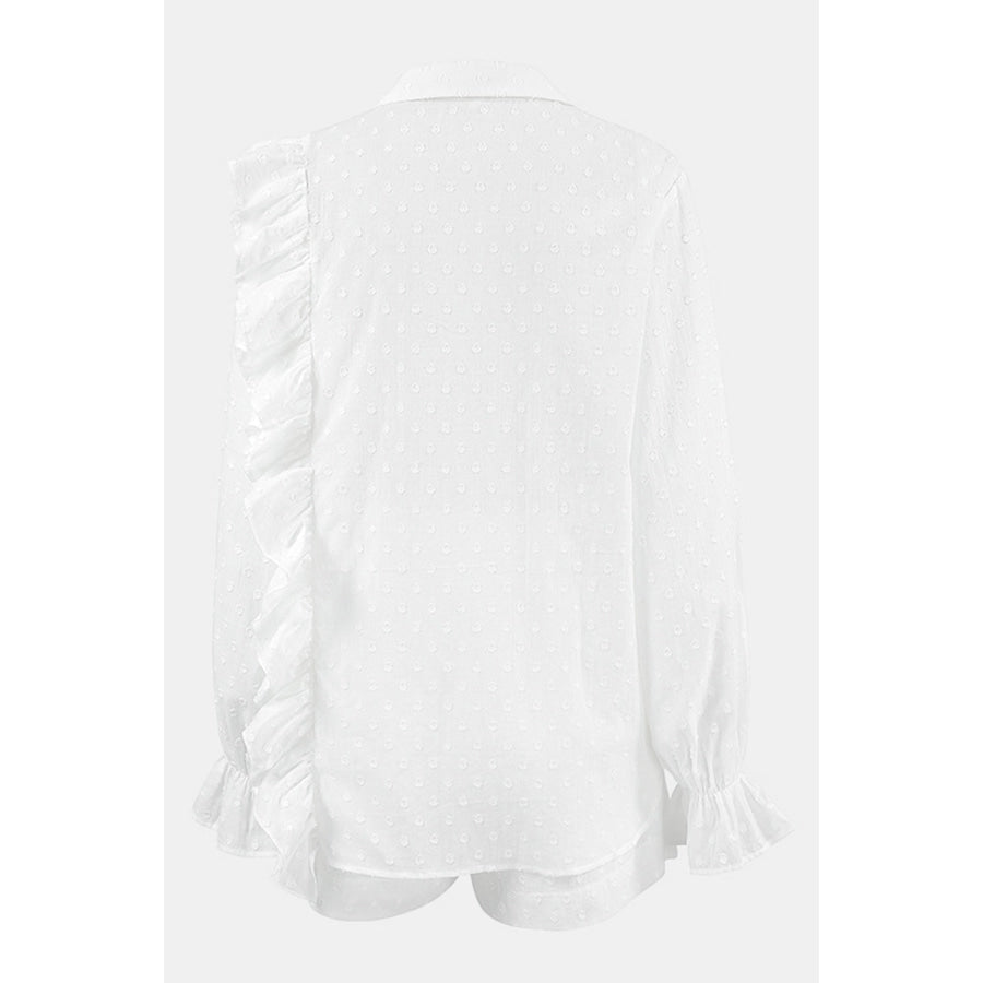 Ruffled Dot Applique Collared Neck Top and Shorts Set Apparel and Accessories