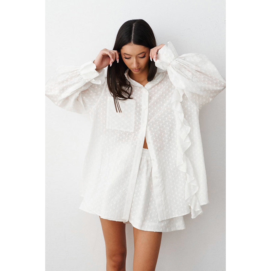 Ruffled Dot Applique Collared Neck Top and Shorts Set Apparel and Accessories