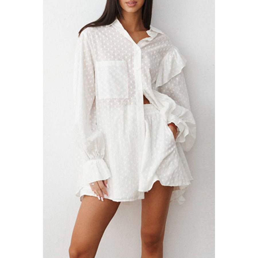 Ruffled Dot Applique Collared Neck Top and Shorts Set Apparel and Accessories