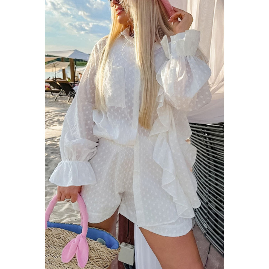 Ruffled Dot Applique Collared Neck Top and Shorts Set Apparel and Accessories