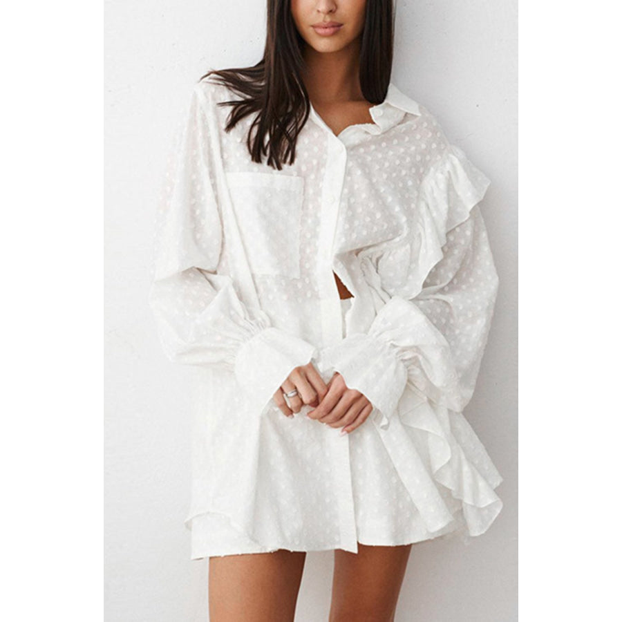 Ruffled Dot Applique Collared Neck Top and Shorts Set Apparel and Accessories