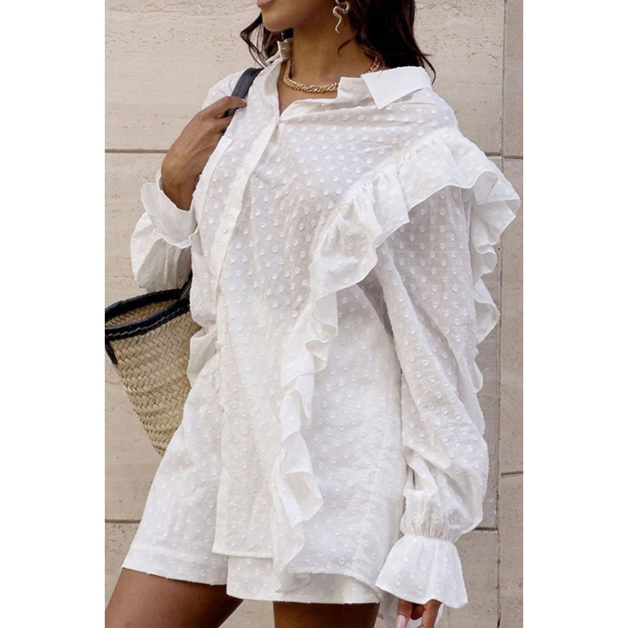 Ruffled Dot Applique Collared Neck Top and Shorts Set White / S Apparel and Accessories