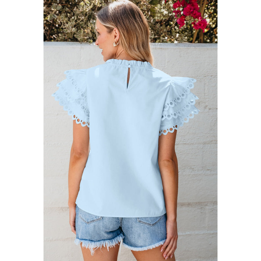 Ruffled Eyelet Round Neck Cap Sleeve Blouse Apparel and Accessories