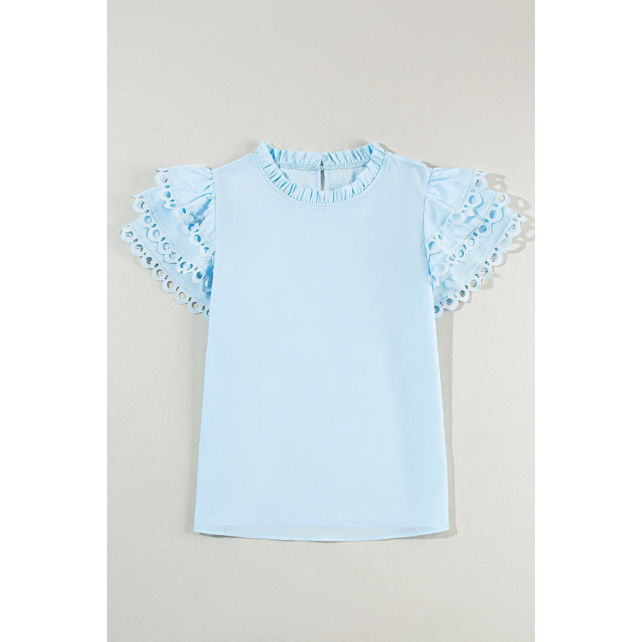 Ruffled Eyelet Round Neck Cap Sleeve Blouse Apparel and Accessories