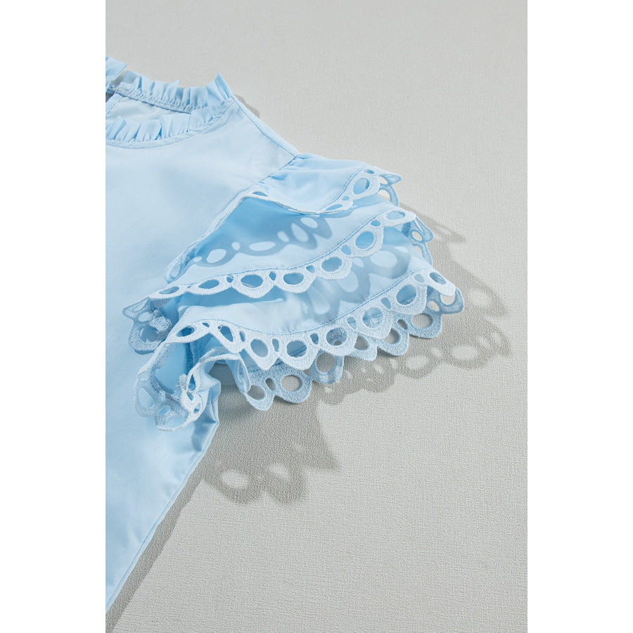 Ruffled Eyelet Round Neck Cap Sleeve Blouse Apparel and Accessories