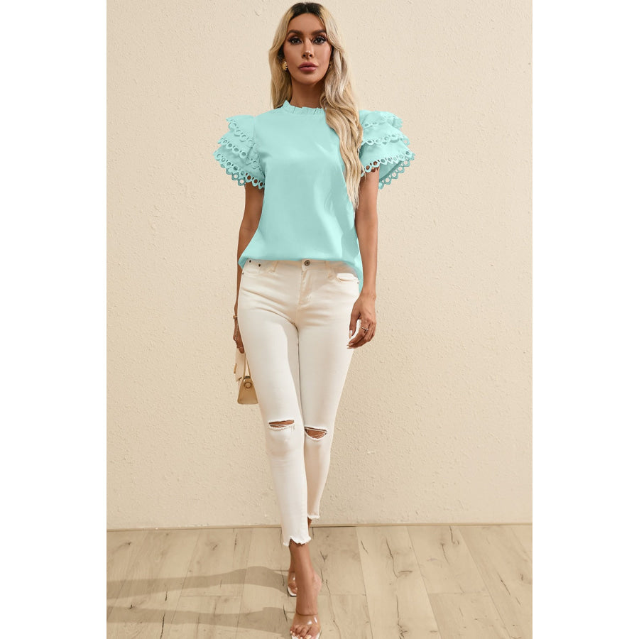 Ruffled Eyelet Round Neck Cap Sleeve Blouse Apparel and Accessories