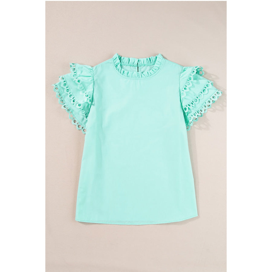 Ruffled Eyelet Round Neck Cap Sleeve Blouse Apparel and Accessories