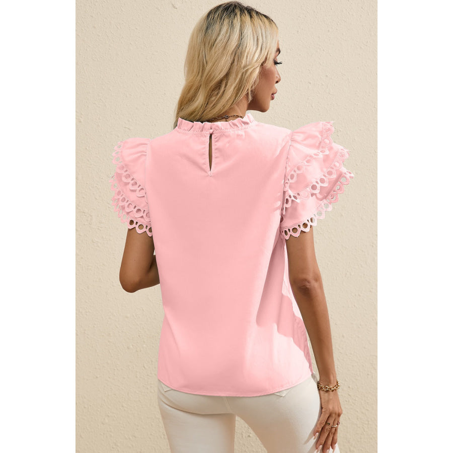 Ruffled Eyelet Round Neck Cap Sleeve Blouse Apparel and Accessories