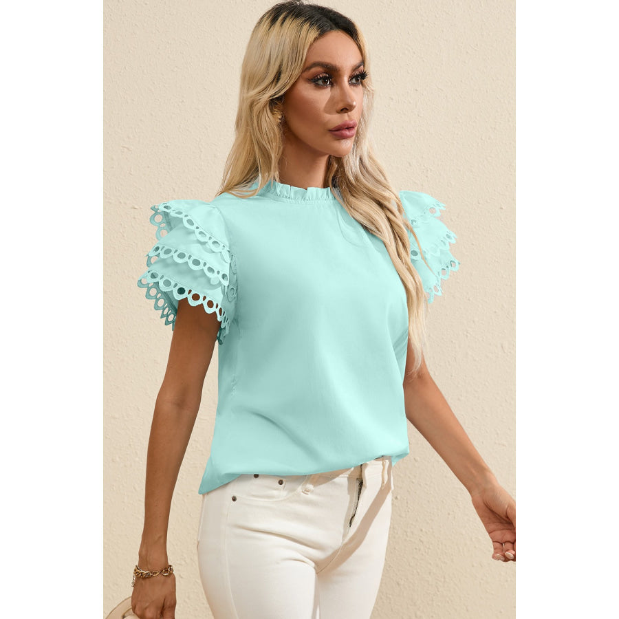 Ruffled Eyelet Round Neck Cap Sleeve Blouse Apparel and Accessories