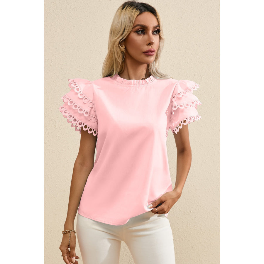 Ruffled Eyelet Round Neck Cap Sleeve Blouse Apparel and Accessories