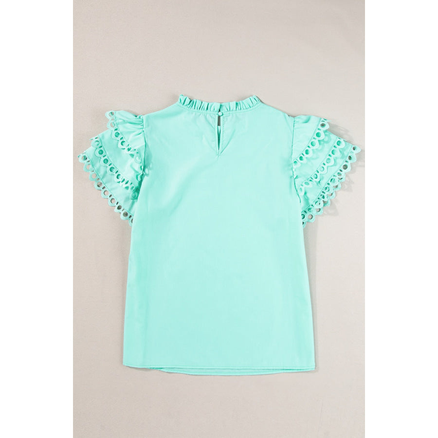 Ruffled Eyelet Round Neck Cap Sleeve Blouse Apparel and Accessories