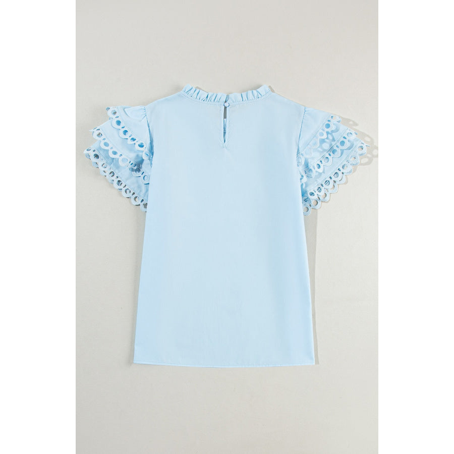 Ruffled Eyelet Round Neck Cap Sleeve Blouse Apparel and Accessories