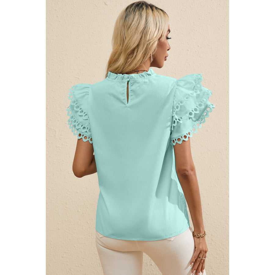 Ruffled Eyelet Round Neck Cap Sleeve Blouse Apparel and Accessories