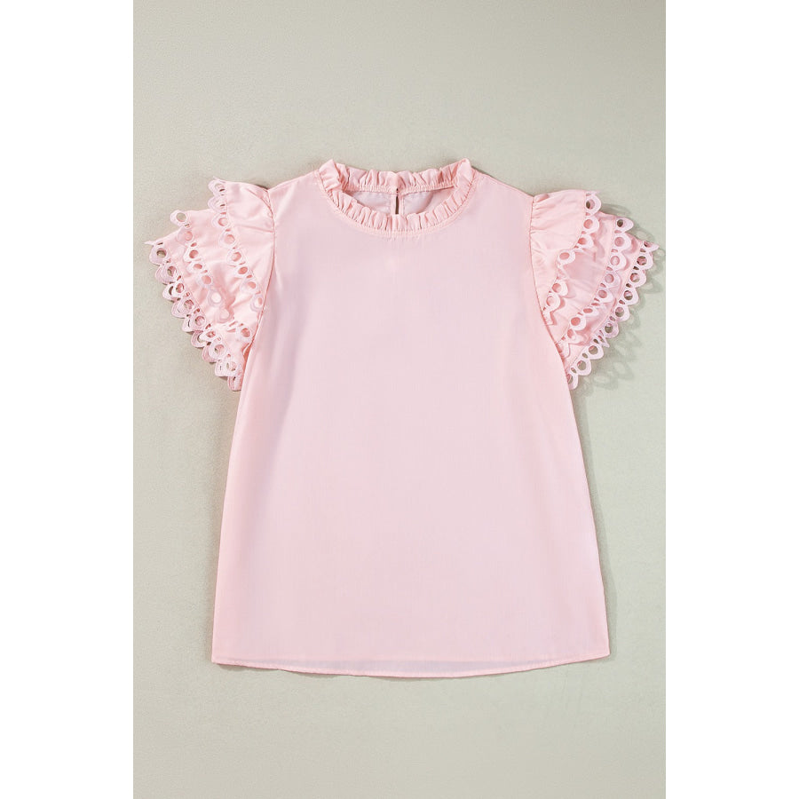 Ruffled Eyelet Round Neck Cap Sleeve Blouse Apparel and Accessories