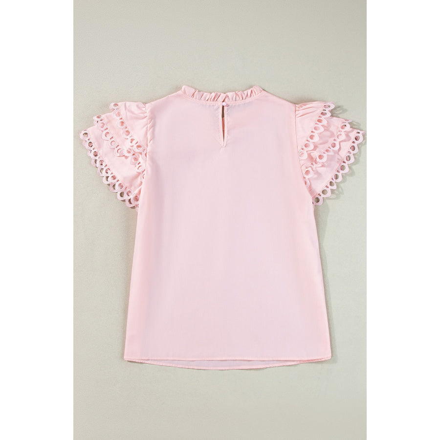 Ruffled Eyelet Round Neck Cap Sleeve Blouse Apparel and Accessories