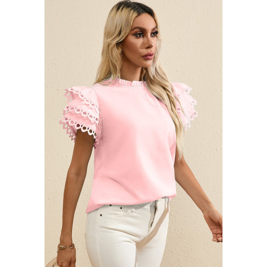 Ruffled Eyelet Round Neck Cap Sleeve Blouse Blush Pink / S Apparel and Accessories