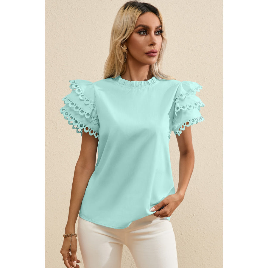 Ruffled Eyelet Round Neck Cap Sleeve Blouse Tiffany Blue / S Apparel and Accessories