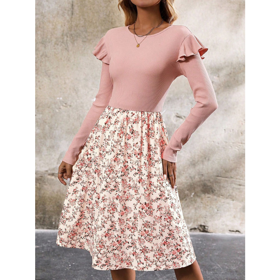 Ruffled Floral Long Sleeve Knee Length Dress Apparel and Accessories