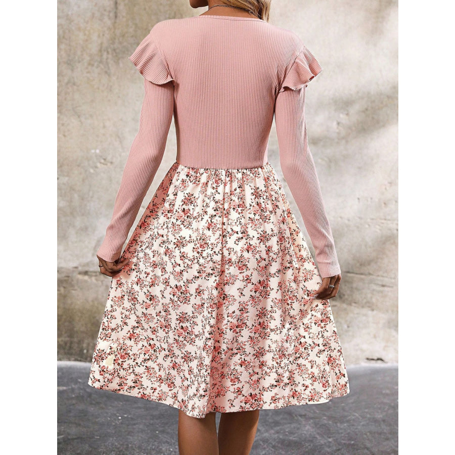 Ruffled Floral Long Sleeve Knee Length Dress Apparel and Accessories