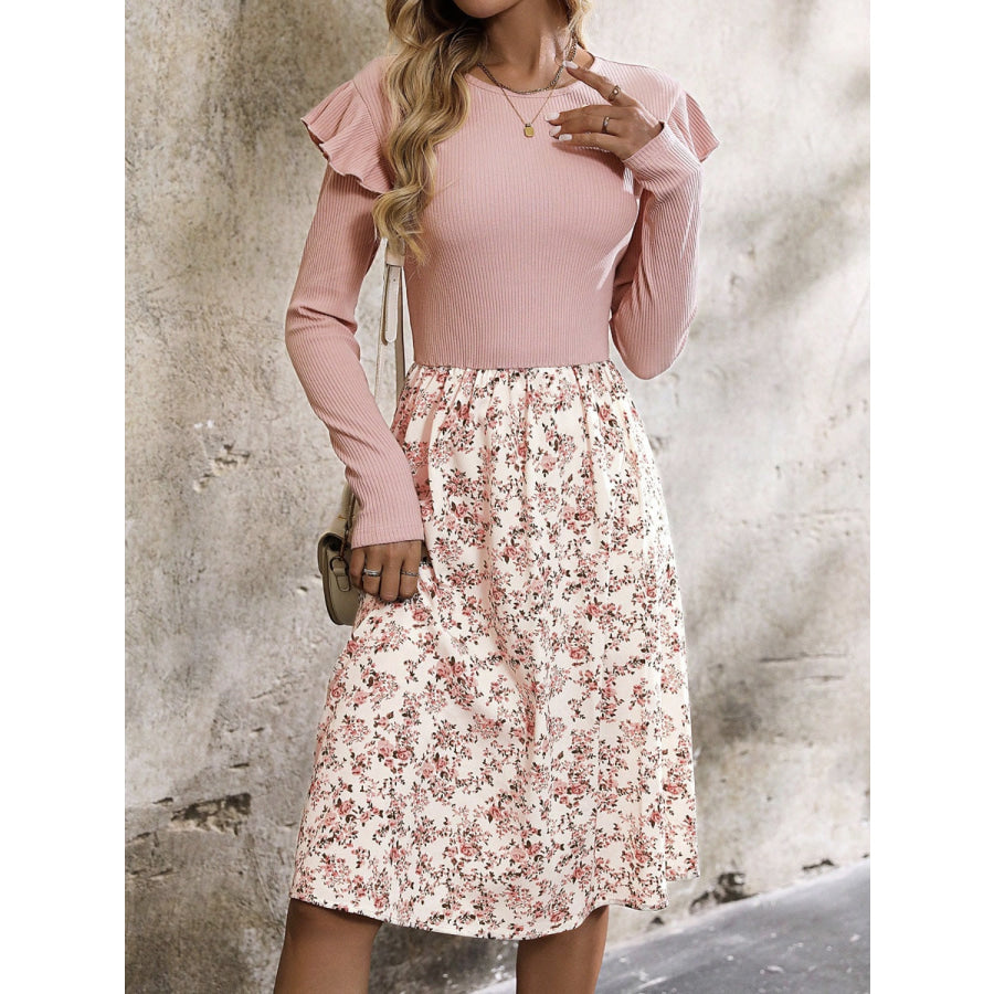 Ruffled Floral Long Sleeve Knee Length Dress Blush Pink / S Apparel and Accessories