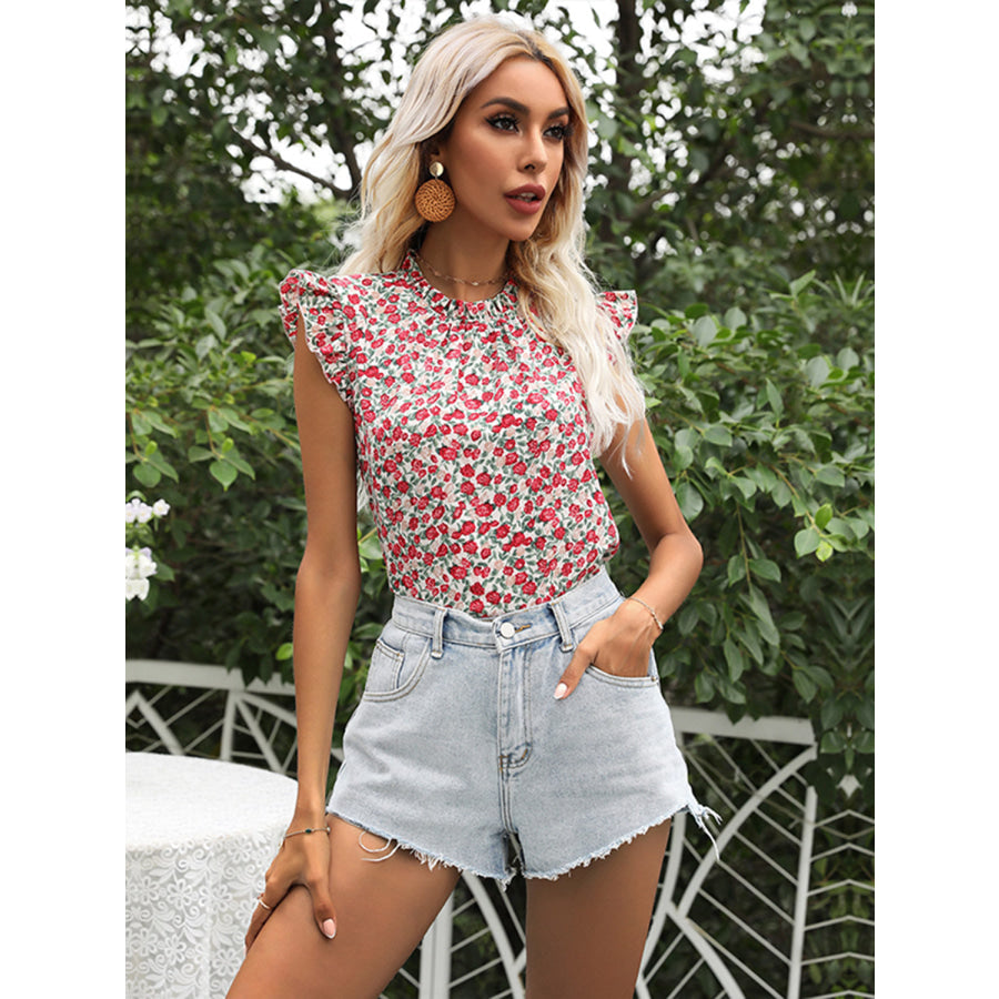 Ruffled Floral Mock Neck Cap Sleeve Blouse Apparel and Accessories