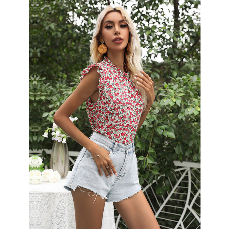 Ruffled Floral Mock Neck Cap Sleeve Blouse Apparel and Accessories