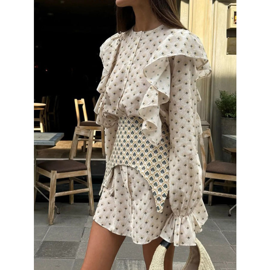 Ruffled Floral Print Mini Dress Beige / S Apparel and Accessories