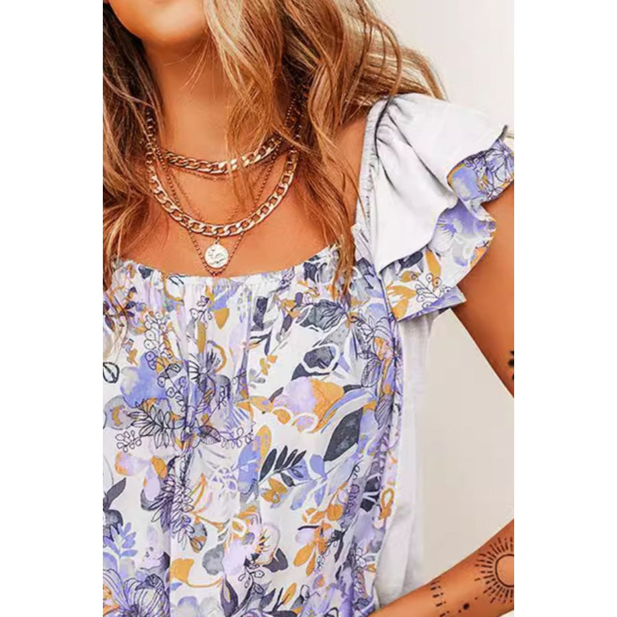 Ruffled Floral Square Neck Cap Sleeve Blouse Apparel and Accessories