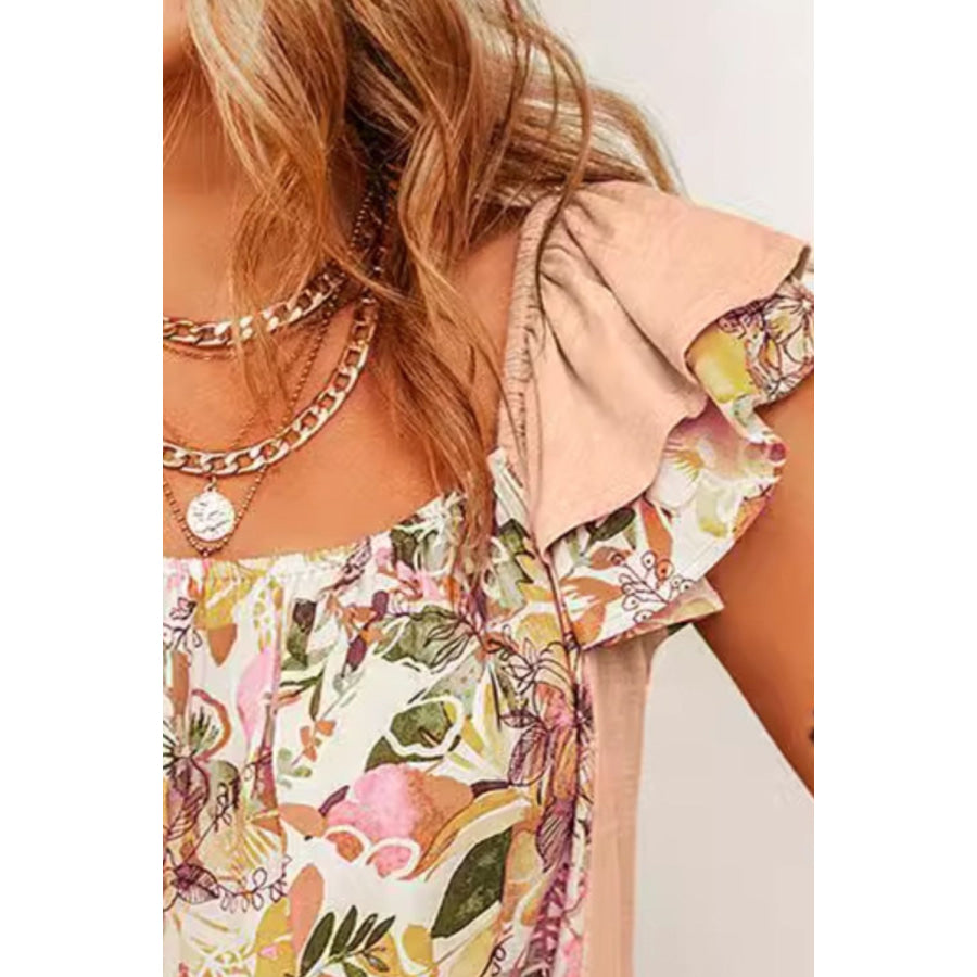 Ruffled Floral Square Neck Cap Sleeve Blouse Apparel and Accessories