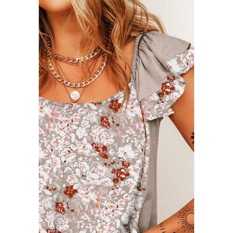 Ruffled Floral Square Neck Cap Sleeve Blouse Apparel and Accessories