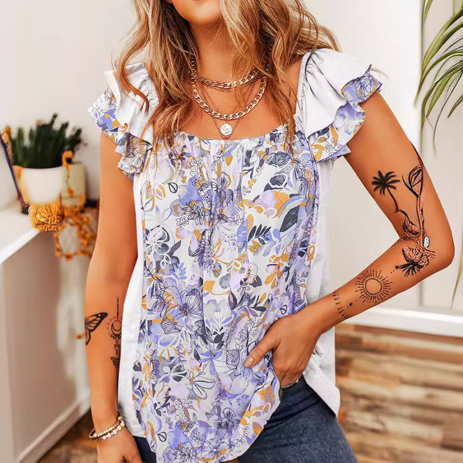 Ruffled Floral Square Neck Cap Sleeve Blouse Apparel and Accessories