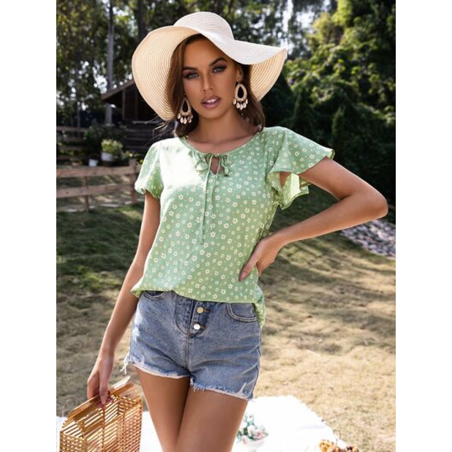 Ruffled Floral Tie Neck Short Sleeve Blouse Light Green / S Apparel and Accessories