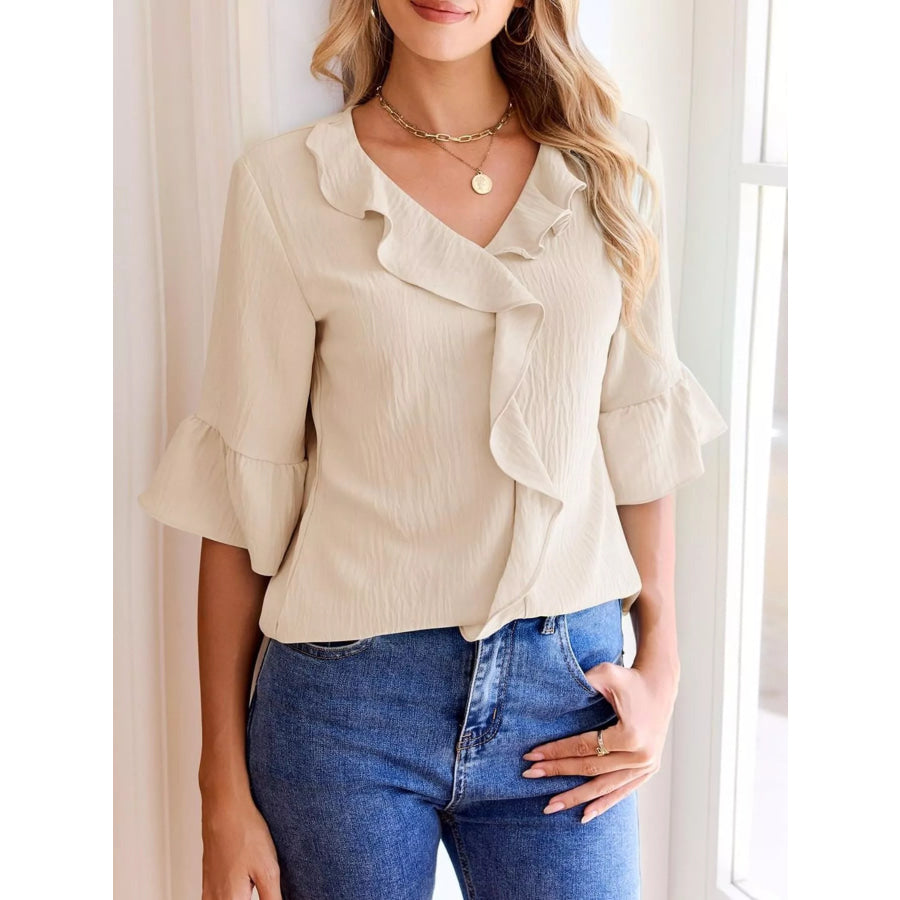 Ruffled Flounce Sleeve Blouse Beige / S Apparel and Accessories
