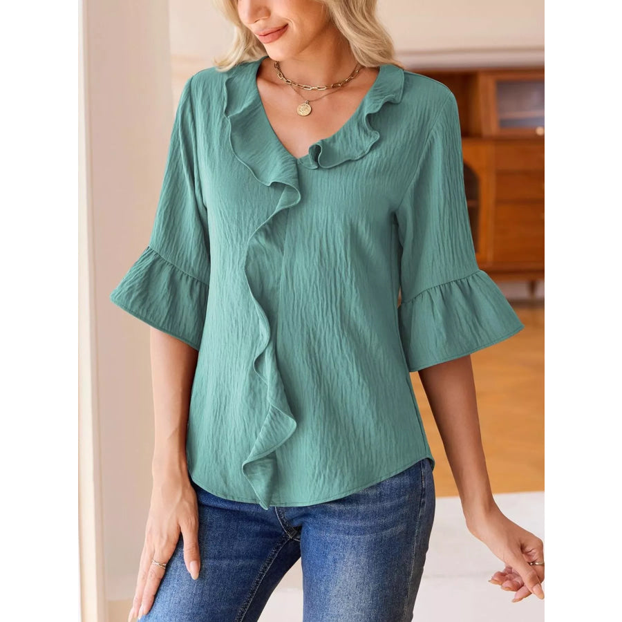 Ruffled Flounce Sleeve Blouse Green / S Apparel and Accessories