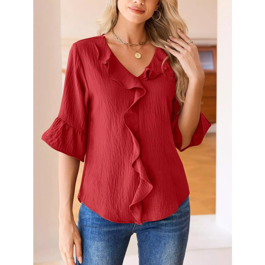 Ruffled Flounce Sleeve Blouse Red / S Apparel and Accessories